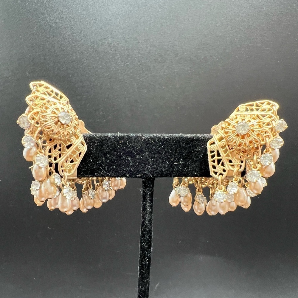 Vintage Estate Rhinestone Filigree Clip On Drop Balls Layered Cha Cha Earrings